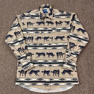 VTG Wrangler Western Wolf Print Aztec Southwestern Pearl Snap Beige Shirt Sz M